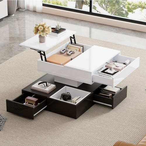 Table Basse Carrée Relevable Et Rotatif Noire Et Blanche, 3 Tiroirs Et Rangements, Haute Brillance