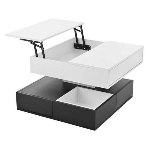 Table Basse Carrée Relevable Et Rotatif Noire Et Blanche, 3 Tiroirs Et Rangements, Haute Brillance