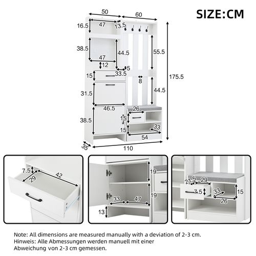 Vestiaire, Meuble D’entrée Blanc Avec Banc à Chaussures, 2 Tiroirs, Armoire, Étagère, Crochets