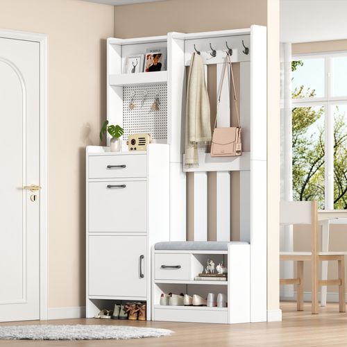 Vestiaire, Meuble D’entrée Blanc Avec Banc à Chaussures, 2 Tiroirs, Armoire, Étagère, Crochets