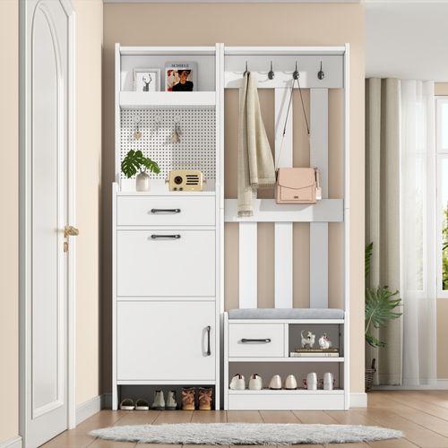 Vestiaire, Meuble D’entrée Blanc Avec Banc à Chaussures, 2 Tiroirs, Armoire, Étagère, Crochets