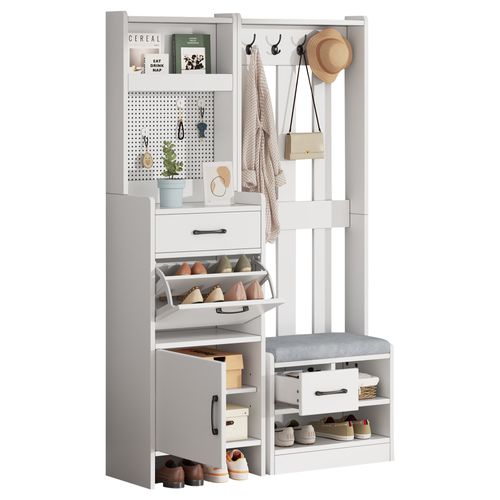 Vestiaire, Meuble D’entrée Blanc Avec Banc à Chaussures, 2 Tiroirs, Armoire, Étagère, Crochets