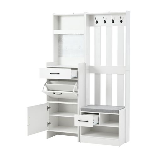 Vestiaire, Meuble D’entrée Blanc Avec Banc à Chaussures, 2 Tiroirs, Armoire, Étagère, Crochets