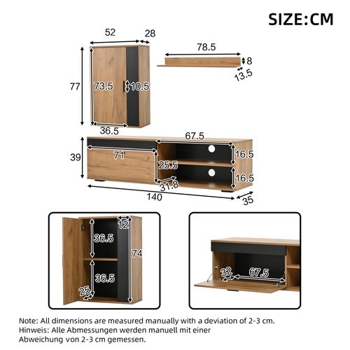 Ensemble Meuble TV 140 Cm Avec Meuble Mural Et Étagère Murale, 2 Portes Et Rangements Ouverts