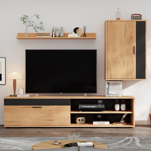 Ensemble Meuble TV 140 Cm Avec Meuble Mural Et Étagère Murale, 2 Portes Et Rangements Ouverts