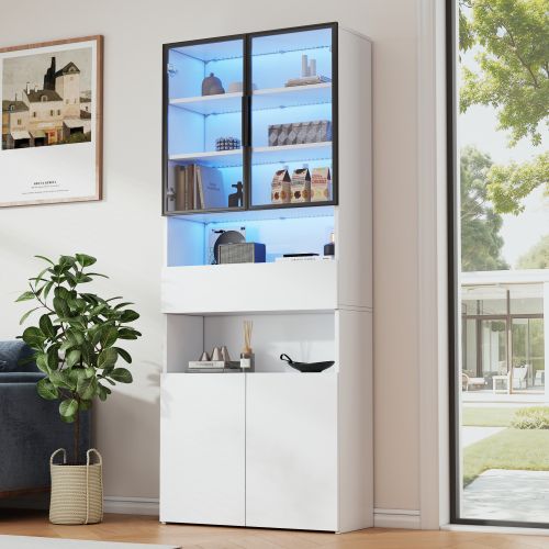 Vitrine 200 Cm Avec Tiroirs Et Armoires, Vitrine En Verre Avec 2 Portes Vitrées Et LED, Blanc