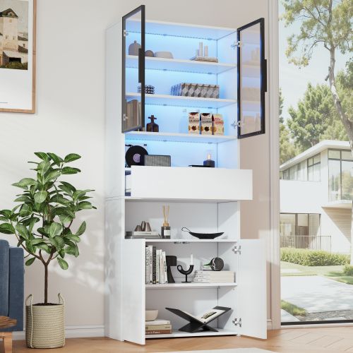 Vitrine 200 Cm Avec Tiroirs Et Armoires, Vitrine En Verre Avec 2 Portes Vitrées Et LED, Blanc