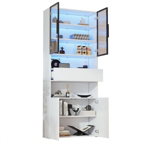 Vitrine 200 Cm Avec Tiroirs Et Armoires, Vitrine En Verre Avec 2 Portes Vitrées Et LED, Blanc