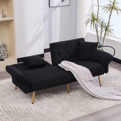 Canapé Convertible 2 Places, 2 Ports USB, Dossier Et Accoudoirs Réglables Et Poche, En Tissu Noir