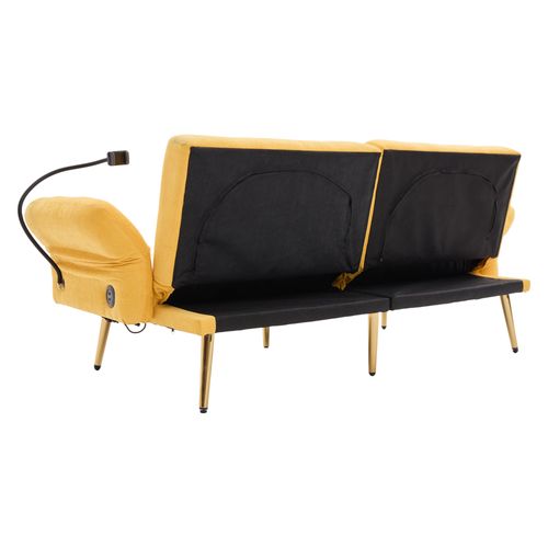 Canapé Convertible 2 Places En Tissu Jaune, 2 Ports USB, Dossier Et Accoudoirs Réglables Et Poche