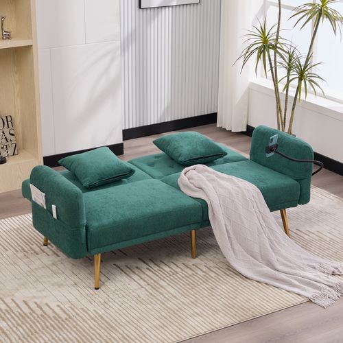 Canapé Convertible Vert 2 Places, Ports USB, Dossier + Accoudoirs Réglables Et Rangement, Tissu