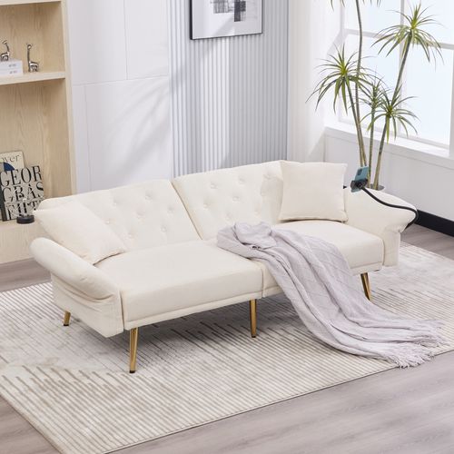 Canapé Convertible Double 2 Places, Ports USB, Dossier Et Accoudoirs Réglables Et Poche, Tissu Beige