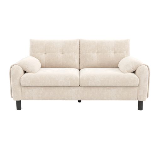 Canapé Double 2 Places Avec Coussins Épais Et Poches Latérales De Rangement En Tissu Chenille Beige