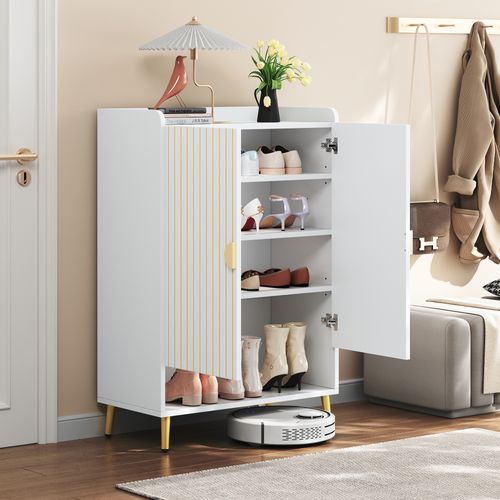 Meuble à Chaussures, 75x37x110cm, 2 Portes, 3 Étagères, 4 Pieds, 4 Niches, en Mdf, blanc