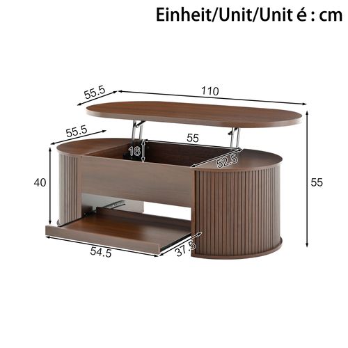 Table Basse, 110*55.5*40cm, Tiroir, Plateau Relevable, Rangement Caché, En Mdf, Couleur Bois Foncé