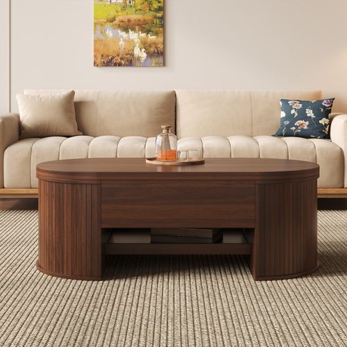 Table Basse, 110*55.5*40cm, Tiroir, Plateau Relevable, Rangement Caché, En Mdf, Couleur Bois Foncé