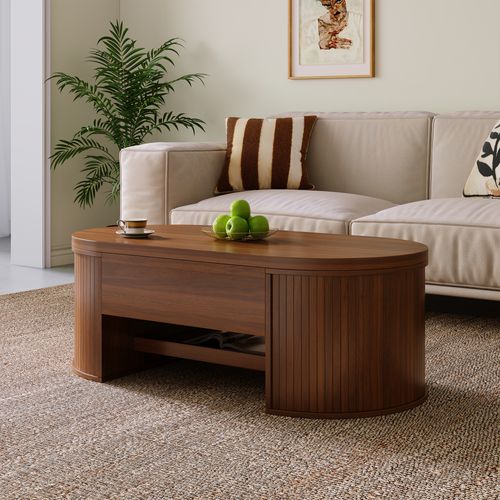 Table Basse, 110*55.5*40cm, Tiroir, Plateau Relevable, Rangement Caché, En Mdf, Couleur Bois Foncé