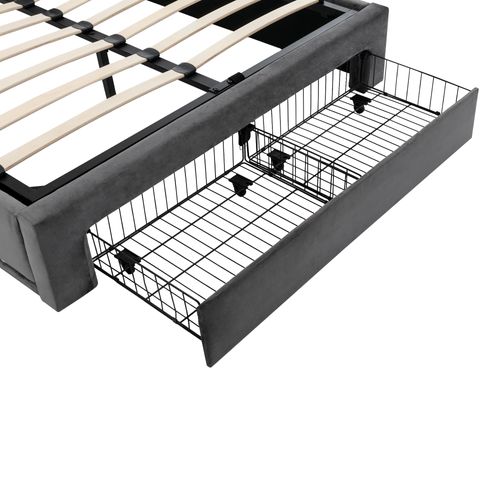 Lit Coffre,140*190cm, Lit Adult, Lit Double, LED, Dossier Doux, Tiroir, En Velours, Gris