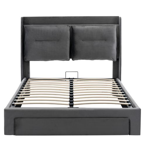 Lit Coffre, 140*200cm, Lit Adult Avec LED, Dossiers Doux, Sommier à Lattes, Tiroir, En Velours, Gris