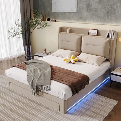 Lit Coffre, 160*200cm, Lit Adult Avec LED, Lit Double, Dossier, Tiroir, En Velours, Beige