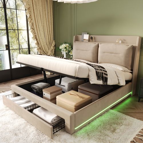 Lit Coffre, 160*200cm, Lit Adult Avec LED, Lit Double, Dossier, Tiroir, En Velours, Beige