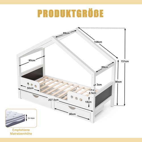 Lit Cabane, 90x200cm, Lit Simple Forme Toit, 2 Tiroirs, Tableau Noir, En Bois Et Mdf, Blanc