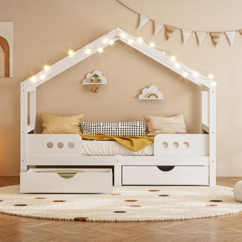 Lit Cabane, 90x200cm, Lit Simple Forme Toit, 2 Tiroirs, Tableau Noir, En Bois Et Mdf, Blanc