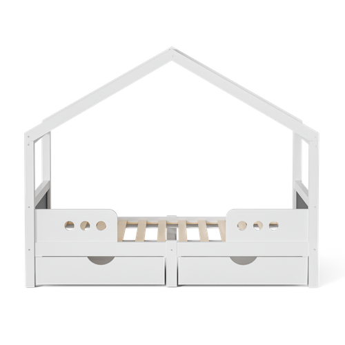 Lit Cabane, 90x200cm, Lit Simple Forme Toit, 2 Tiroirs, Tableau Noir, En Bois Et Mdf, Blanc