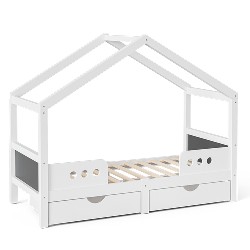 Lit Cabane, 90x200cm, Lit Simple Forme Toit, 2 Tiroirs, Tableau Noir, En Bois Et Mdf, Blanc