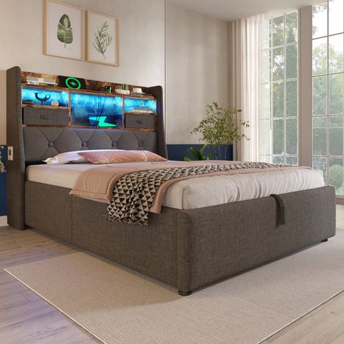 Lit Coffre, 90x200cm, LED, Ports, Tête De Lit, Tiroirs Et Étagère, En Mdf, Métal Et Lin, Gris