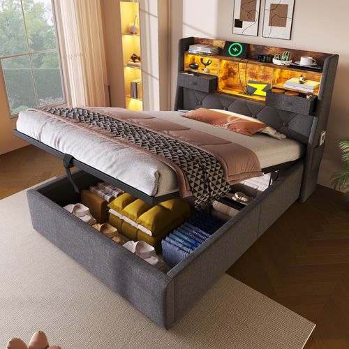 Lit Coffre, 90x200cm, LED, Ports, Tête De Lit, Tiroirs Et Étagère, En Mdf, Métal Et Lin, Gris