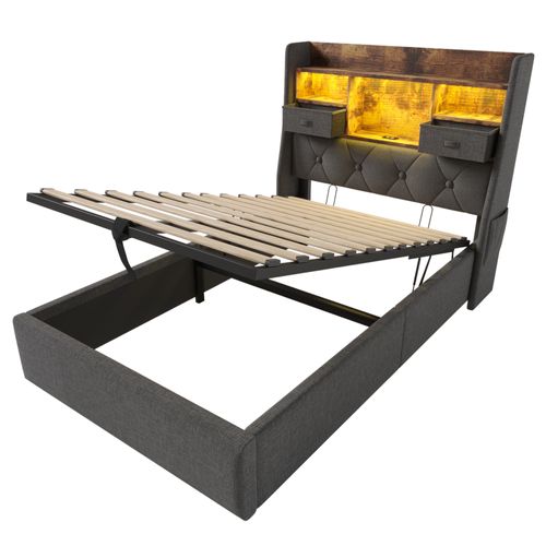 Lit Coffre, 90x200cm, LED, Ports, Tête De Lit, Tiroirs Et Étagère, En Mdf, Métal Et Lin, Gris