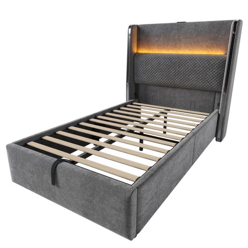 Lit Coffre, 90x200cm, Lit Rangement, LED, Ports USB Et Type-c, Dossier Doux, En Métal Et Lin, Gris