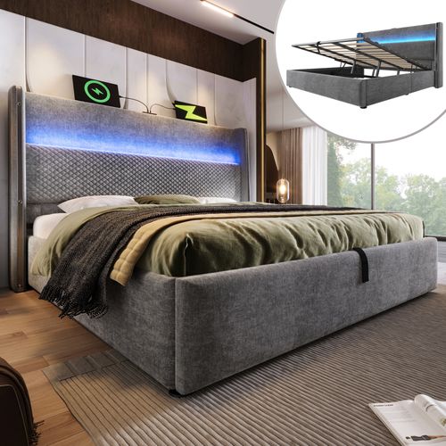 Lit Coffre, 140x200cm, Lit Rangement, LED, Dossier Doux, Ports USB Et Type-c, En Métal Et Lin, Gris