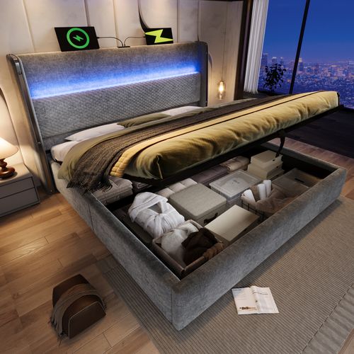 Lit Coffre, 140x200cm, Lit Rangement, LED, Dossier Doux, Ports USB Et Type-c, En Métal Et Lin, Gris