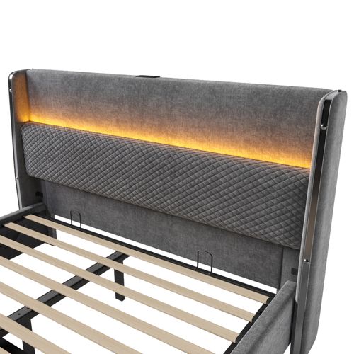 Lit Coffre, 140x200cm, Lit Rangement, LED, Dossier Doux, Ports USB Et Type-c, En Métal Et Lin, Gris