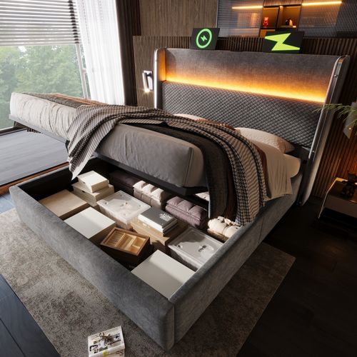 Lit Coffre, 160x200cm, Lit Rangement, LED, Dossier Doux, Prises USB Et Type-c, En Métal Et Lin, Gris