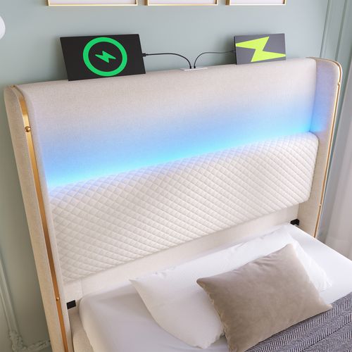 Lit Coffre 90x200cm, Port USB Et Type-c, LED, Lattes Inclus Et Dossier, En Métal, Bois Et Lin, Beige