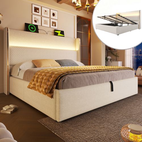 Lit Coffre 140x200cm, Ports Charge, LED, Lattes Inclus Et Dossier, En Métal, Bois Et Lin, Beige