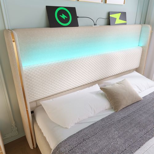 Lit Coffre 140x200cm, Ports Charge, LED, Lattes Inclus Et Dossier, En Métal, Bois Et Lin, Beige