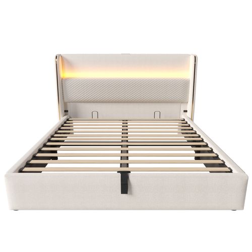 Lit Coffre 140x200cm, Ports Charge, LED, Lattes Inclus Et Dossier, En Métal, Bois Et Lin, Beige