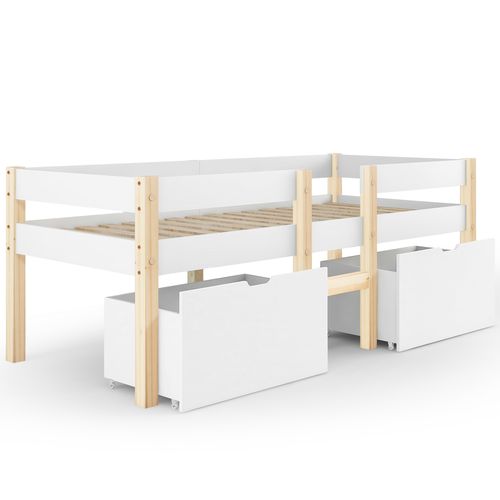 Lit 90x190cm, Lit Simple, Lit Enfant, Sommier, 2 Tiroirs, Bois, Mdf, Blanc Et Bois