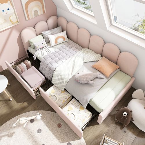 Lit 90x200cm, Lit 1 Place, Lit Enfant, Sommier, Design Simple, 2 Tiroirs, Velours, Rose