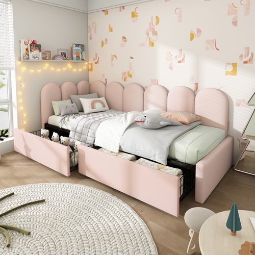 Lit 90x200cm, Lit 1 Place, Lit Enfant, Sommier, Design Simple, 2 Tiroirs, Velours, Rose