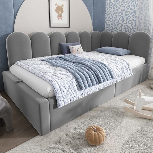 Lit 90x190cm, Lit Simple, Lit Enfant, Lit Coffre, Sommier, Design Simple, Velours, Gris