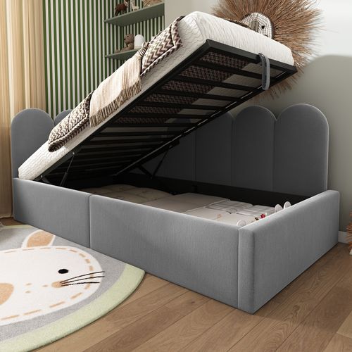 Lit 90x190cm, Lit Simple, Lit Enfant, Lit Coffre, Sommier, Design Simple, Velours, Gris