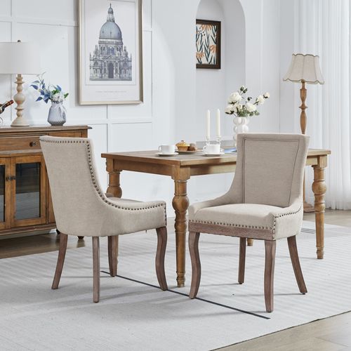 Lot de 2 Chaises De Salle à Manger 55x61x92,5cm, Pieds En Bois Massif, chenille Beige