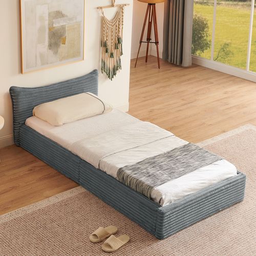 Lit 90x200 Cm En Tissu Chenille Gris Foncé Avec Cadre Bois Et Métal, Sommier à Lattes