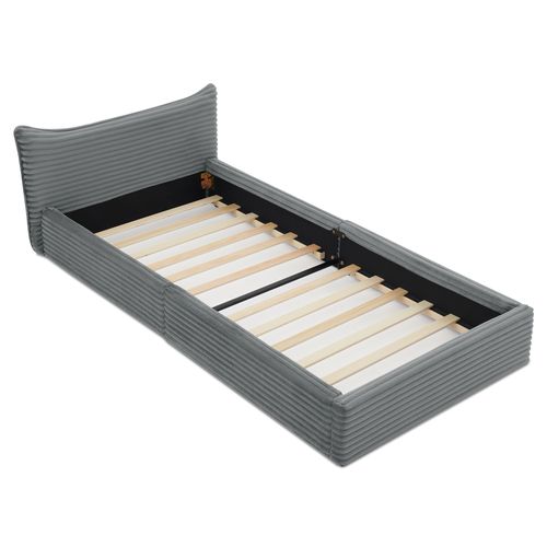 Lit 90x200 Cm En Tissu Chenille Gris Foncé Avec Cadre Bois Et Métal, Sommier à Lattes