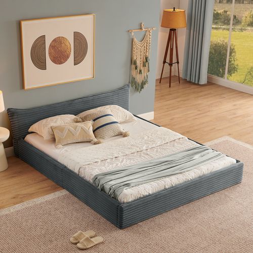 Lit 140x200 Cm 2 Places Avec Sommier à Lattes Et Cadre Bois-métal, Tissu Gris Foncé